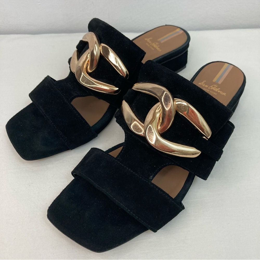 Sam Edelman Black Suede Squared Open Toe Slip On Block Heel Slides Sandals 9
